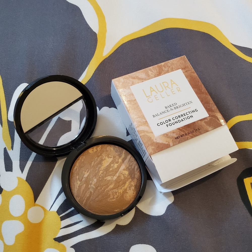 Laura Geller Baked balance-n-brighten color correcting foundation in Sand color.
